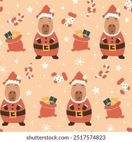 cute hand drawn cartoon character santa claus capybara with christmas gift bag funny winter holiday seamless vector pattern background illustration