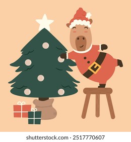 cute hand drawn cartoon character santa claus capybara decorating christmas tree and gift funny winter holiday vector illustration