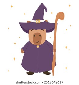 Ilustración vectorial linda de Halloween dibujada a mano del mago del personaje de dibujos animados del capibara aislada en el fondo blanco