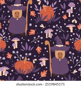 cute hand drawn cartoon character seamless vector pattern background illustration with wizard capybara in the starry night with pumpkins, mushroom and leaves halloween vector illustration