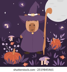 cute hand drawn cartoon character wizard capybara in the starry night with pumpkins, mushroom and leaves halloween vector illustration