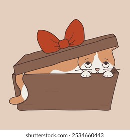 Cute hand drawn cartoon character white and orange cat inside gift box funny vector illustration