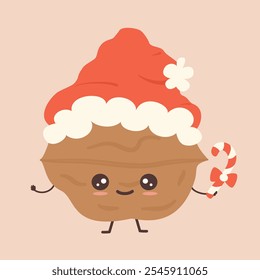 cute hand drawn cartoon character baby walnut with santa claus hat and candy cane funny christmas vector illustration