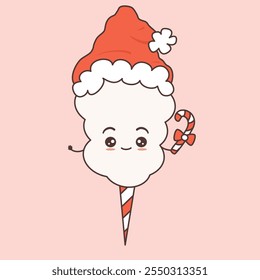 cute hand drawn cartoon character cotton candy with santa claus hat and candy cane funny christmas holiday vector illustration