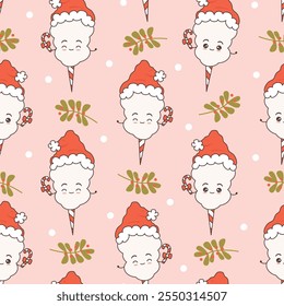 cute hand drawn cartoon character cotton candy with santa claus hat and candy cane funny christmas holiday seamless vector pattern background illustration with mistletoe and snow