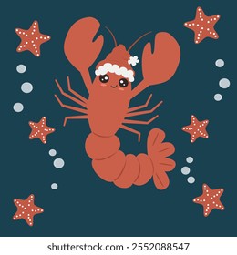 Cute hand drawn cartoon character lobster with santa claus hat funny christmas holiday vector illustration with bubble and red starfish