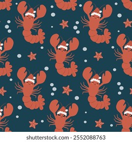 cute hand drawn cartoon character lobster with santa claus hat funny christmas holiday seamless vector pattern illustration with bubble and red starfish on blue background