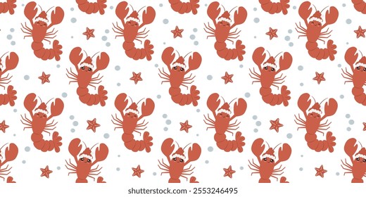 cute hand drawn cartoon character lobster with santa claus hat funny christmas holiday horizontal seamless vector pattern background illustration with bubble and red starfish