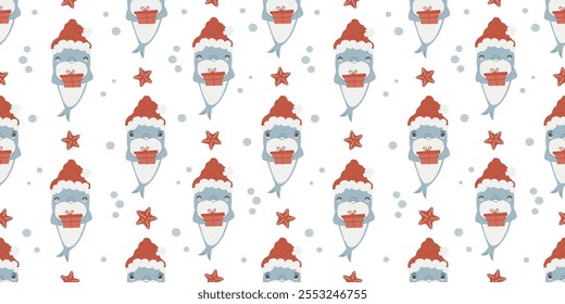 cute hand drawn cartoon character dolphin with santa claus hat and gift box funny christmas holiday horizontal seamless vector pattern background illustration with bubble and red starfish