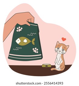 cute hand drawn cartoon character white orange cat waiting for food funny vector illustration