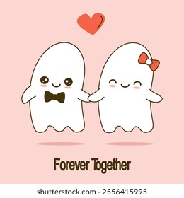 cute hand drawn cartoon character ghost couple in love for Valentine's day funny romantic vector holiday illustration card with hand lettering forever together quote