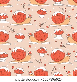 cute hand drawn cartoon character snail with santa claus hat funny christmas seamless vector pattern background illustration for holidays with red mushrooms, snowflakes and berries