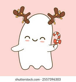 cute hand drawn cartoon character baby ghost with reindeer antler and candy cane funny christmas holiday vector illustration for winter greeting card