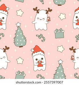 cute hand drawn cartoon character baby ghost with reindeer antler and candy cane and with santa claus hat funny christmas holiday seamless vector pattern background illustration
