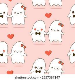 cute hand drawn cartoon character ghost couple in love for Valentine's day holiday funny romantic seamless vector pattern background illustration