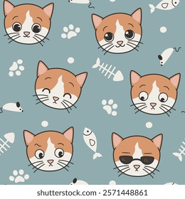 cute hand drawn cartoon character cat funny expressions seamless vector pattern illustration with paw print, fish and mouse toy on blue background