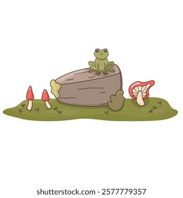 cute hand drawn cartoon character green frog on the rock with red mushrooms funny vector illustration