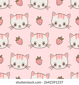 cute hand drawn cartoon character white and pink cat and strawberry seamless vector pattern illustration on pink background	