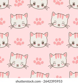 cute hand drawn cartoon character white and pink cat and paw prints seamless vector pattern illustration on pink background	