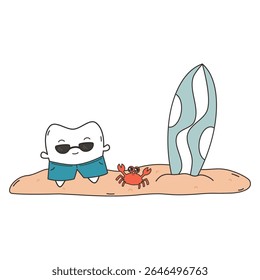 cute hand drawn cartoon character tooth with sunglasses at the beach with red crab and surf table funny summertime vector illustration for kids