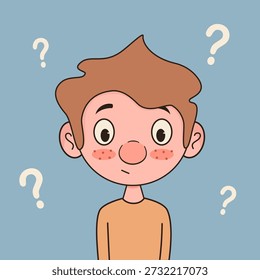 cute hand drawn cartoon character little boy confused with question mark funny concept vector illustration isolated on blue background