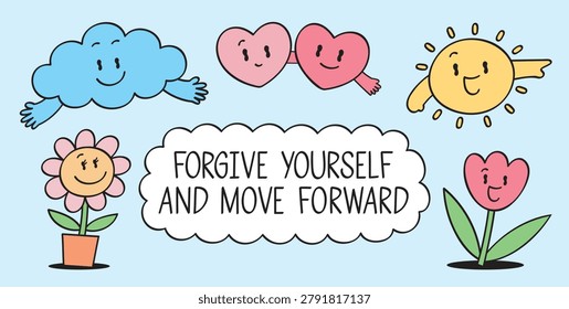 cute hand drawn cartoon character vector set in forgive yourself concept