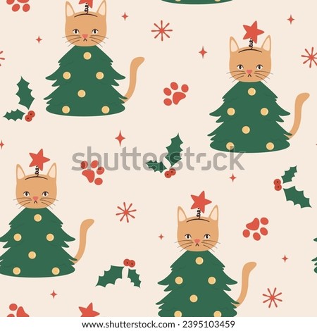 Cute hand drawn cartoon character christmas tree cat funny seamless vector pattern background holiday illustration for greeting card