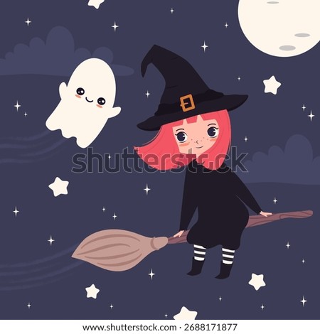 cute hand drawn cartoon character little witch girl flying on the broom in the starry night with lovely ghost funny halloween season vector illustration