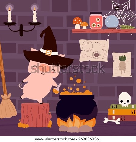 cute hand drawn cartoon character wizard pig making magic potion in his alchemist laboratory room funny halloween vector scene illustration