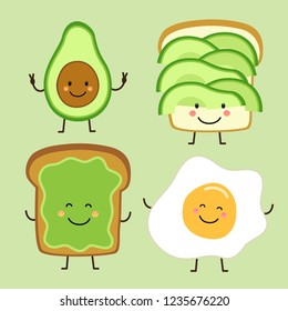 Cute hand drawn cartoon characters of avocado, toast and egg svg