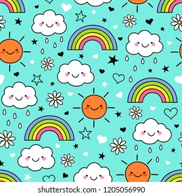 Cute hand drawn cartoon cloud ,sun and rainbow seamless pattern on blue background