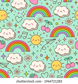 Cute hand drawn cartoon cloud ,sun, rainbow and doodle seamless pattern background.