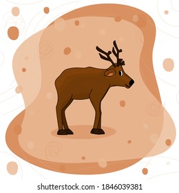 Cute hand drawn cartoon deer with antlers or caribou on brown background