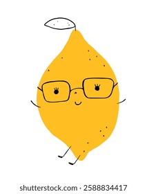 Cute hand drawn cartoon doodle lemon with eyeglasses, vector kawaii retro character with face, eyes hands and feet, summer citrus fruit design for kids nursery, menu and labels