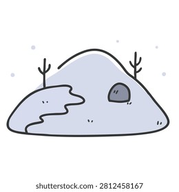 A cute hand drawn cartoon doodle featuring a small mountain or hill covered in snow with a dark cave opening and two leafless trees on top