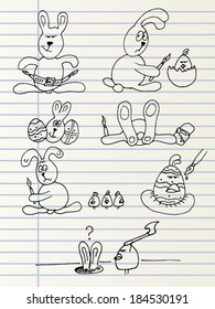 Cute hand drawn cartoon Easter bunnies, eggs and chickens isolated on a lined page