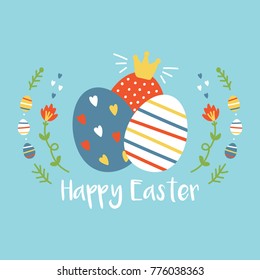 Cute hand drawn, cartoon Easter greeting card with colorful eggs.
Vector Easter illustration.