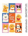 Cute Hand drawn cartoon element with words and quotes vector set. Wallpaper with cute dog different breed. Design for T-shirt, fabric, package, print, screen, sticker.