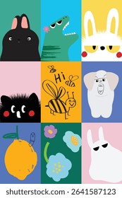 Cute Hand drawn cartoon element with words and quotes vector set. Wallpaper with abstract bee, rat, monster, flower. Design for T-shirt, fabric, package, print, screen, sticker.