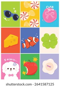 Cute Hand drawn cartoon element with words and quotes vector set. Wallpaper with sunglasses, candy, dog, fish, apple. Design for T-shirt, poster, fabric, packaging, print, screen, sticker.
