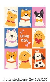 Cute Hand drawn cartoon element with words and quotes vector set. Wallpaper with cute dog different breed. Design for T-shirt, fabric, package, print, screen, sticker.
