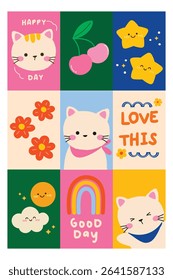 Cute Hand drawn cartoon element with words and quotes vector set. Wallpaper with cat, flower, rainbow, cherry, star, cloud sun. Design for T-shirt, fabric, package, print, screen, sticker.