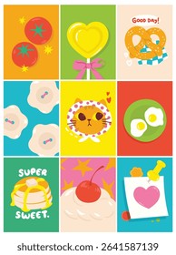 Cute Hand drawn cartoon element with words and quotes vector set. Wallpaper with tomato, cat, pancake, ice cream, lollipop. Design for T-shirt, poster, fabric, packaging, print, screen, sticker.
