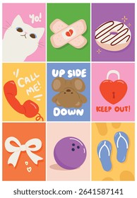Cute Hand drawn cartoon element with words and quotes vector set. Wallpaper with cat, telephone, donut, ribbon, bowling ball, doll bear. Design for T-shirt, fabric, package, print, screen, sticker.