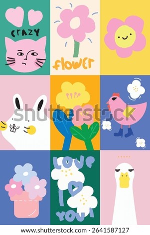 Cute Hand drawn cartoon element with words and quotes vector set. Wallpaper with abstract cat, duck, chicken, flower. Design for T-shirt, fabric, package, print, screen, sticker.