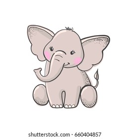 Cute hand drawn cartoon elephant isolated on white background. Design element for baby shower greeting cards, t-shirt print and etc. Vector illustration.