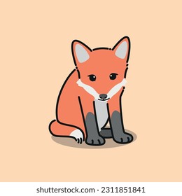 Cute Hand drawn cartoon fox cub. Sitting Red Fox , vector illustration on isolated background.