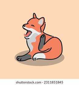 Cute Hand drawn cartoon fox cub. Red Fox Yawning With Mouth Open, vector illustration on isolated background.