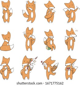 Cute hand drawn cartoon foxes. Funny set sticker pack. Isolated vector illustration