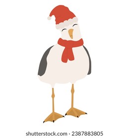 cute hand drawn cartoon funny character seagull with santa claus hat isolated on white background vector illustration for christmas holiday